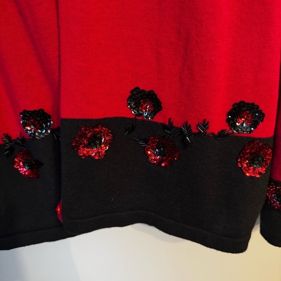 Bedford Fair Two Piece Ramie Sweater Set Women Sz LP Red Black Floral Sequins - Picture 3 of 7